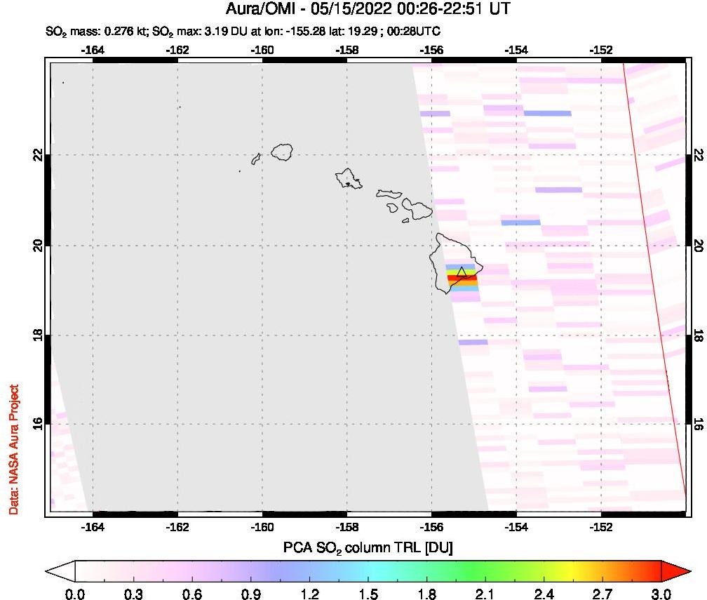 A sulfur dioxide image over Hawaii, USA on May 15, 2022.