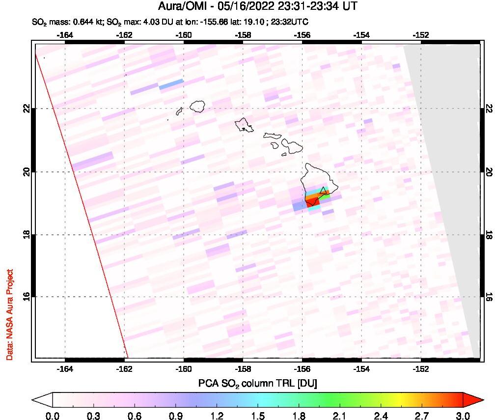 A sulfur dioxide image over Hawaii, USA on May 16, 2022.