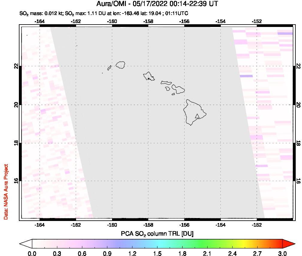 A sulfur dioxide image over Hawaii, USA on May 17, 2022.