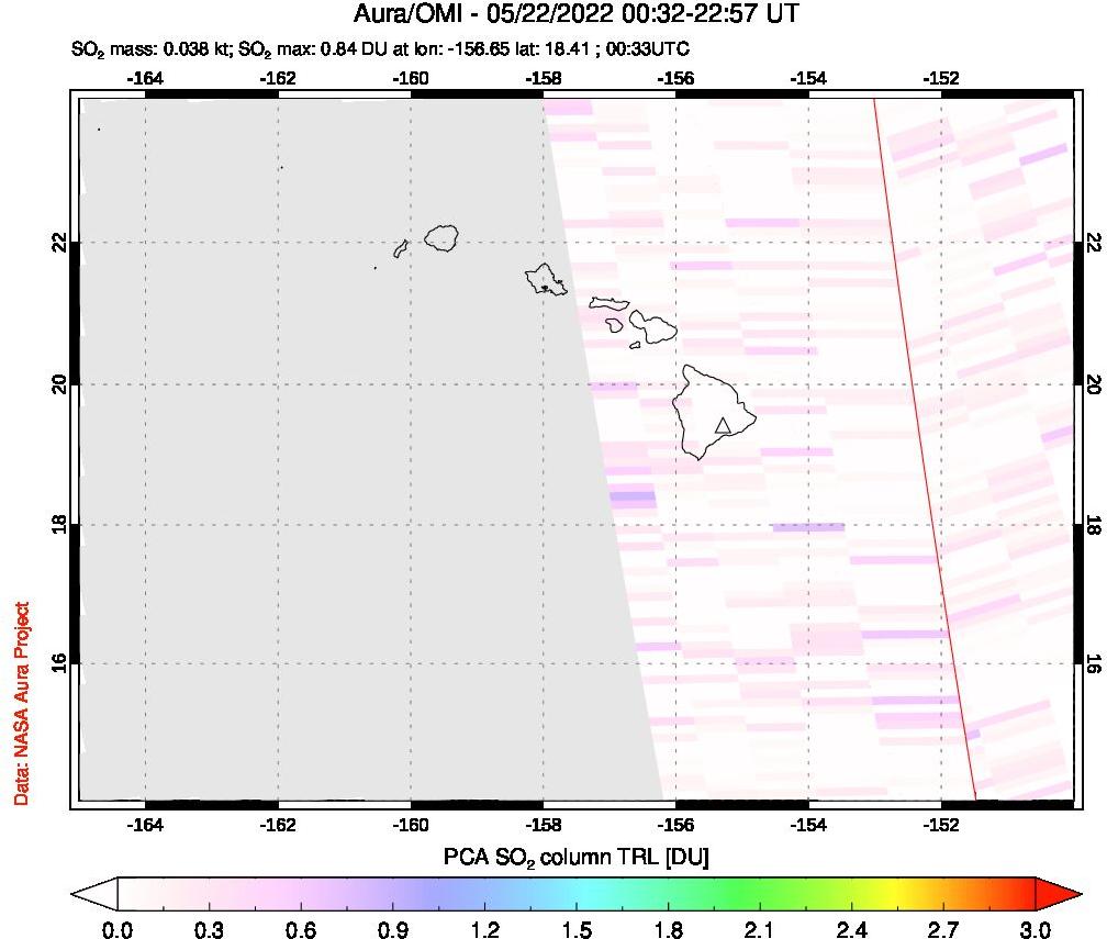 A sulfur dioxide image over Hawaii, USA on May 22, 2022.