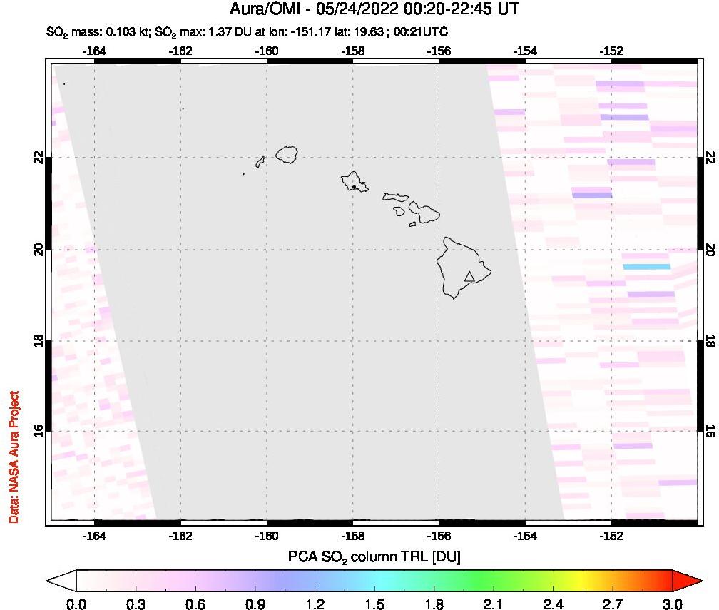 A sulfur dioxide image over Hawaii, USA on May 24, 2022.