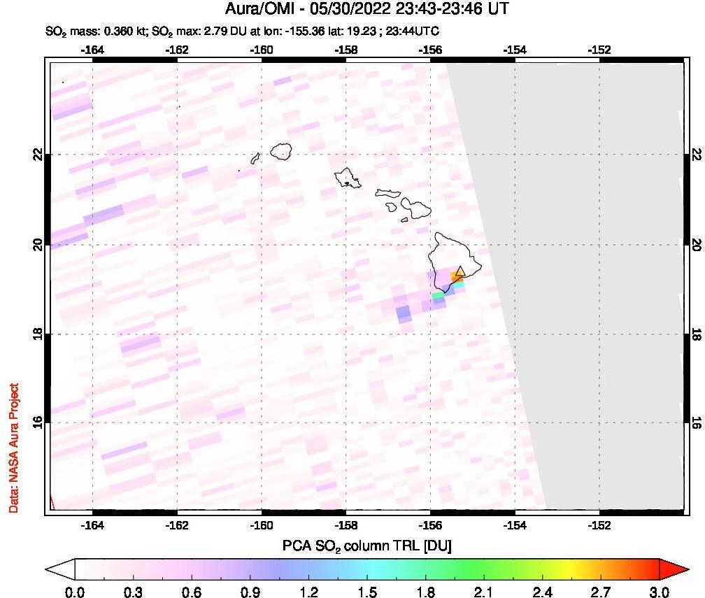 A sulfur dioxide image over Hawaii, USA on May 30, 2022.