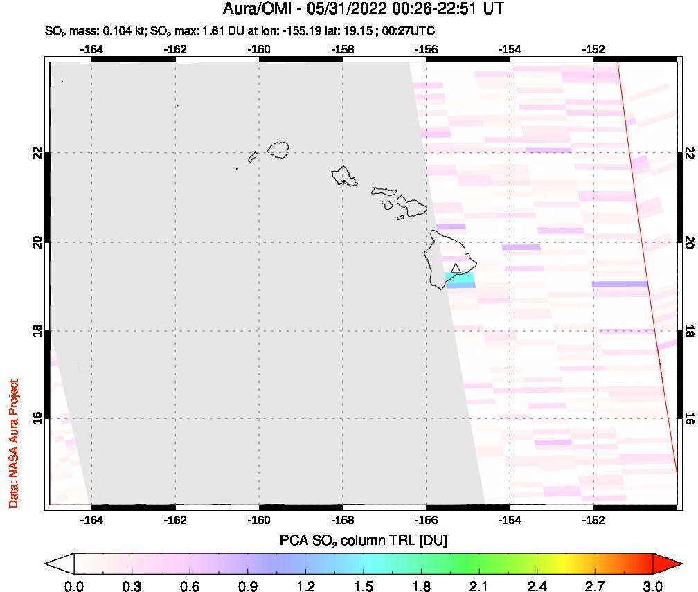 A sulfur dioxide image over Hawaii, USA on May 31, 2022.