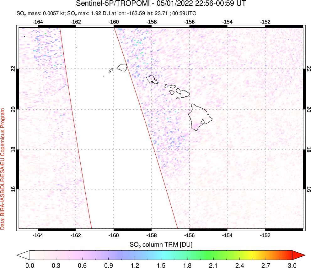A sulfur dioxide image over Hawaii, USA on May 01, 2022.