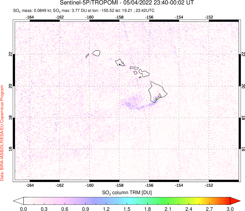 A sulfur dioxide image over Hawaii, USA on May 04, 2022.