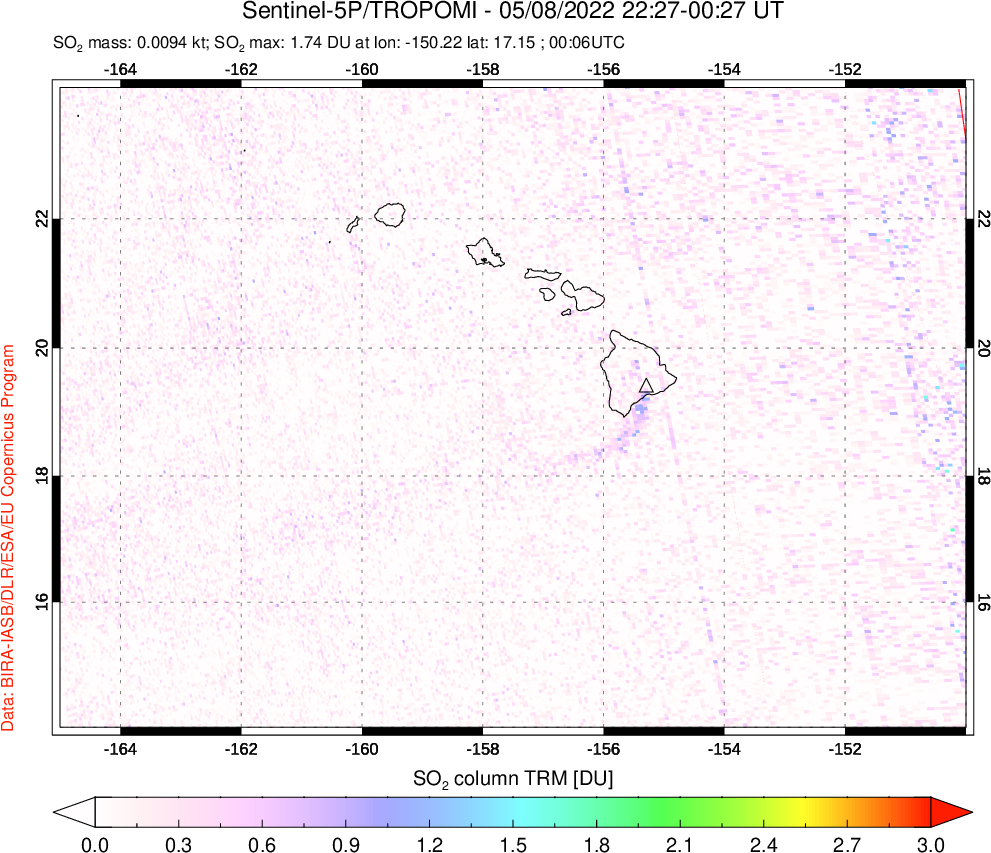 A sulfur dioxide image over Hawaii, USA on May 08, 2022.