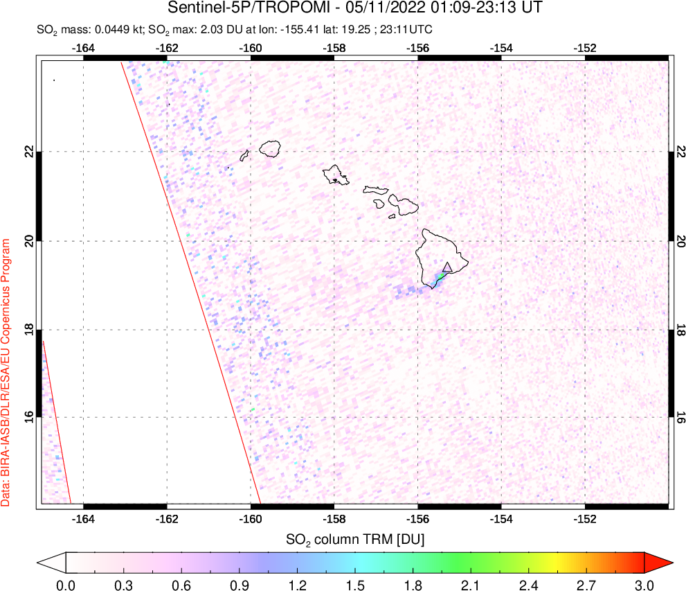 A sulfur dioxide image over Hawaii, USA on May 11, 2022.