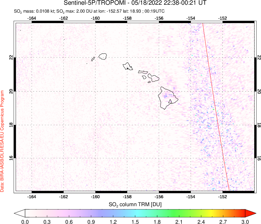 A sulfur dioxide image over Hawaii, USA on May 18, 2022.