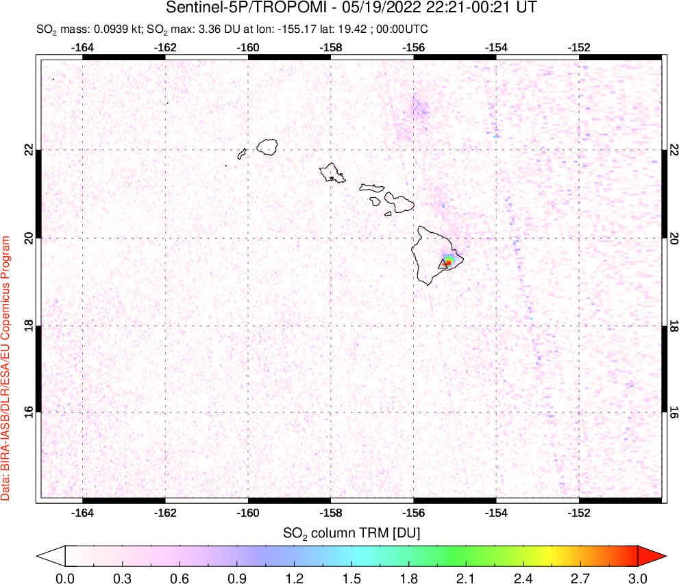 A sulfur dioxide image over Hawaii, USA on May 19, 2022.