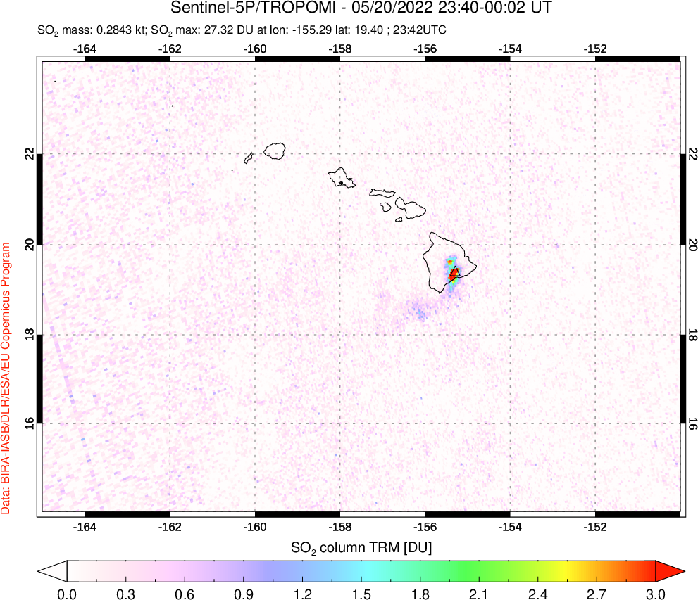 A sulfur dioxide image over Hawaii, USA on May 20, 2022.