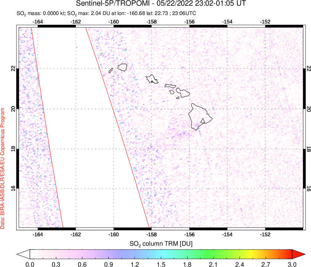 A sulfur dioxide image over Hawaii, USA on May 22, 2022.