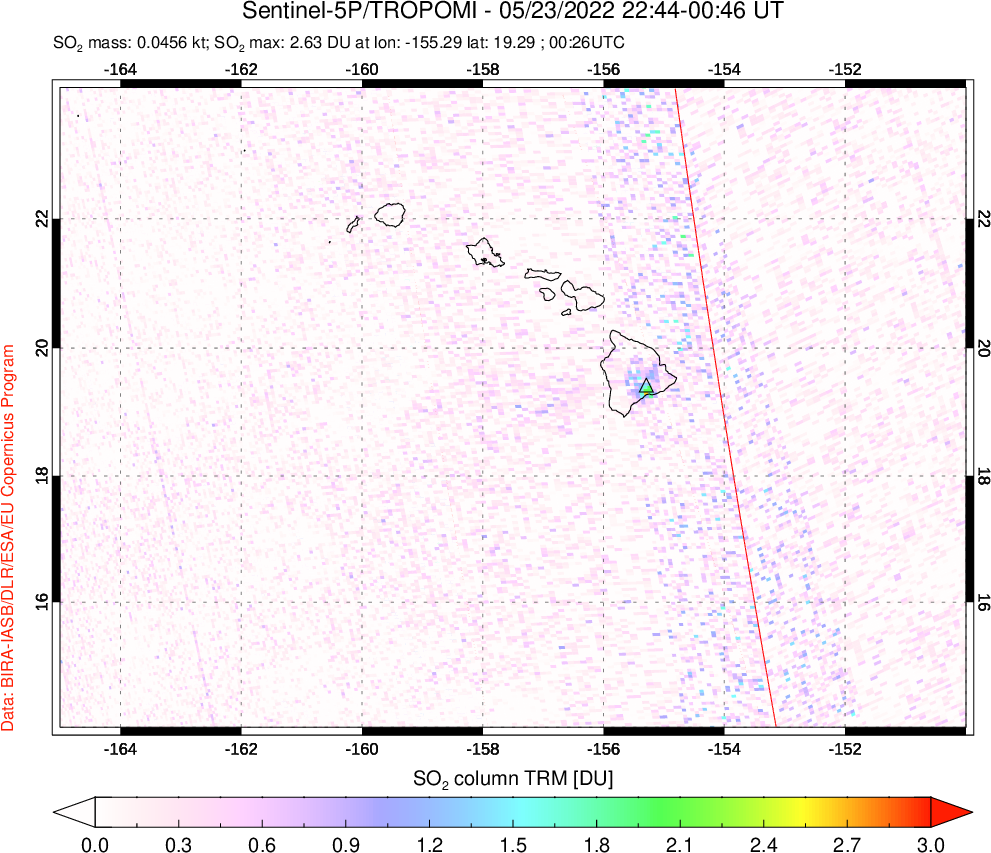 A sulfur dioxide image over Hawaii, USA on May 23, 2022.