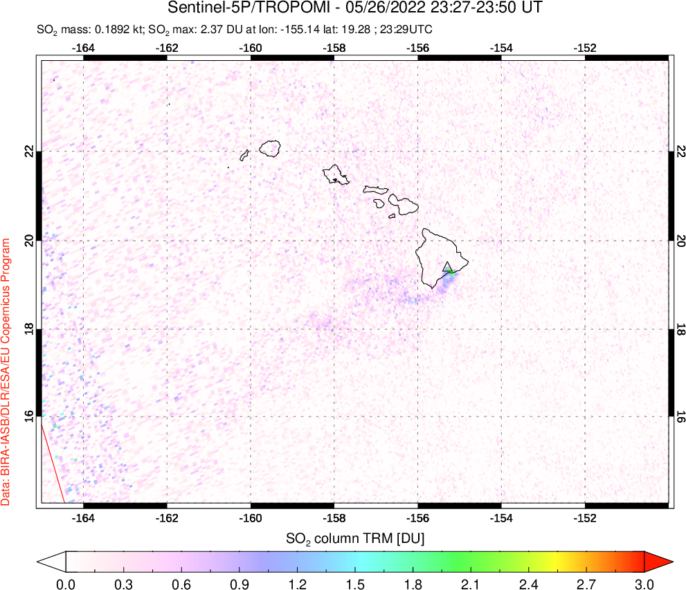 A sulfur dioxide image over Hawaii, USA on May 26, 2022.