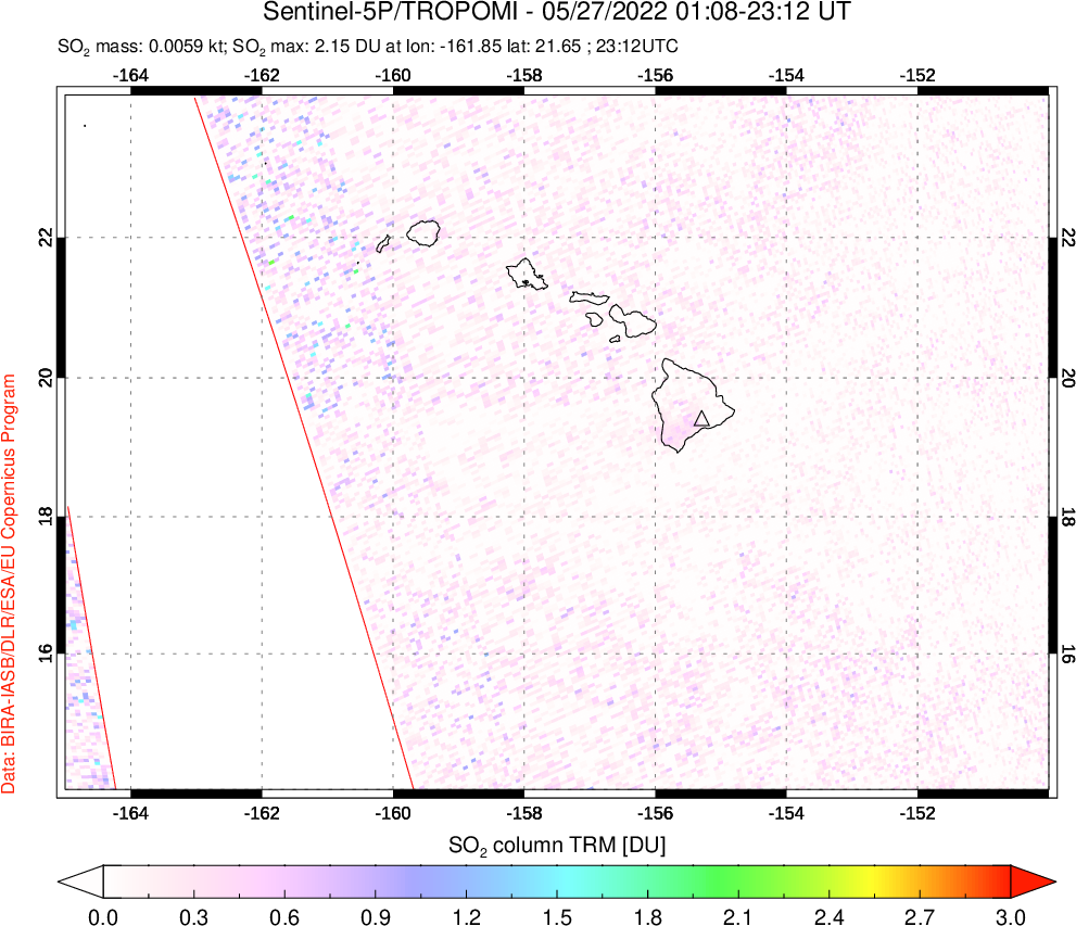 A sulfur dioxide image over Hawaii, USA on May 27, 2022.