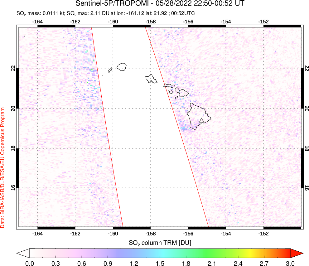 A sulfur dioxide image over Hawaii, USA on May 28, 2022.