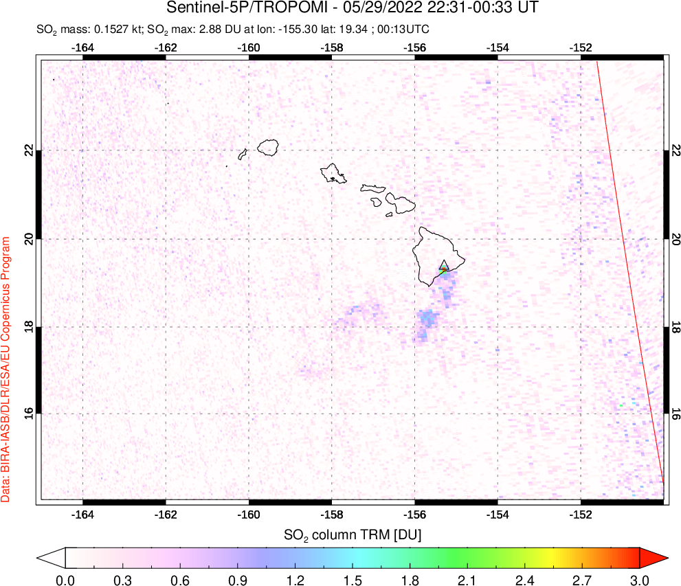 A sulfur dioxide image over Hawaii, USA on May 29, 2022.