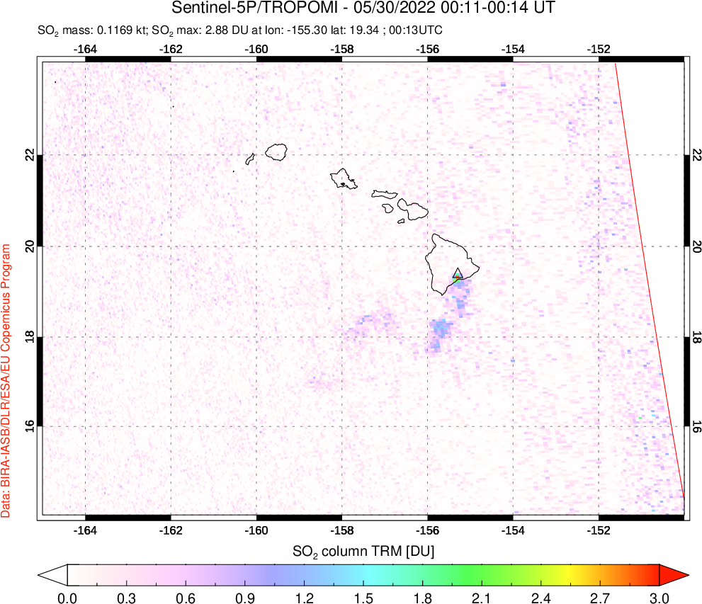 A sulfur dioxide image over Hawaii, USA on May 30, 2022.