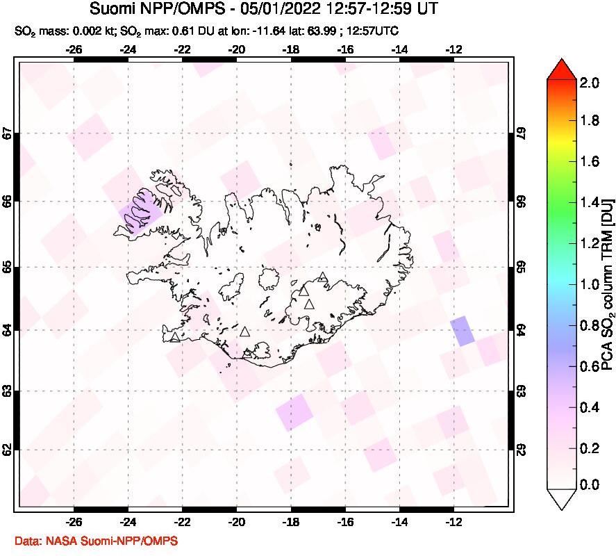 A sulfur dioxide image over Iceland on May 01, 2022.