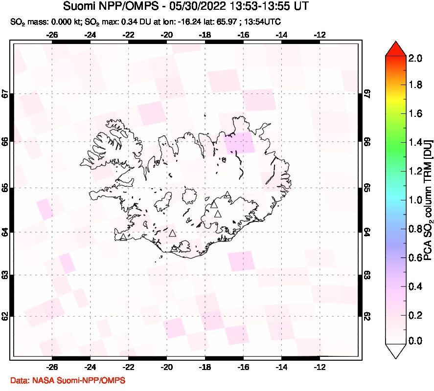 A sulfur dioxide image over Iceland on May 30, 2022.