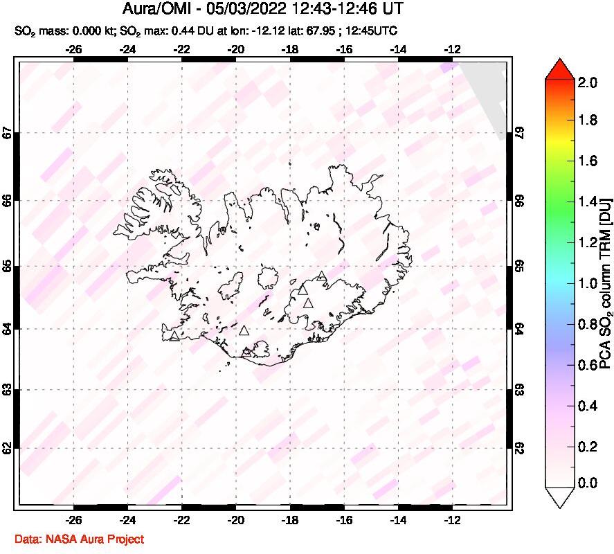 A sulfur dioxide image over Iceland on May 03, 2022.