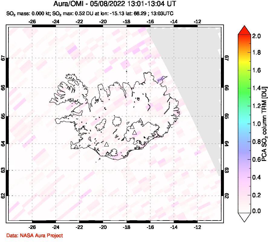 A sulfur dioxide image over Iceland on May 08, 2022.
