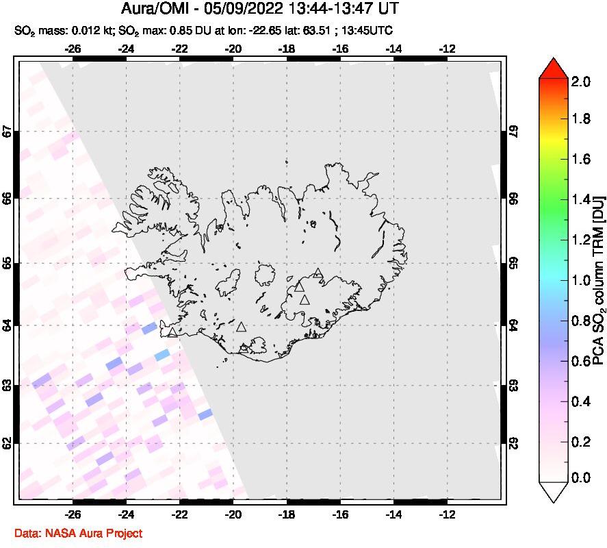 A sulfur dioxide image over Iceland on May 09, 2022.
