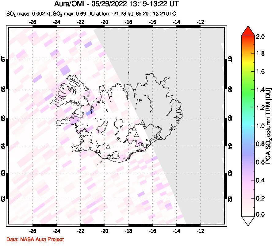 A sulfur dioxide image over Iceland on May 29, 2022.