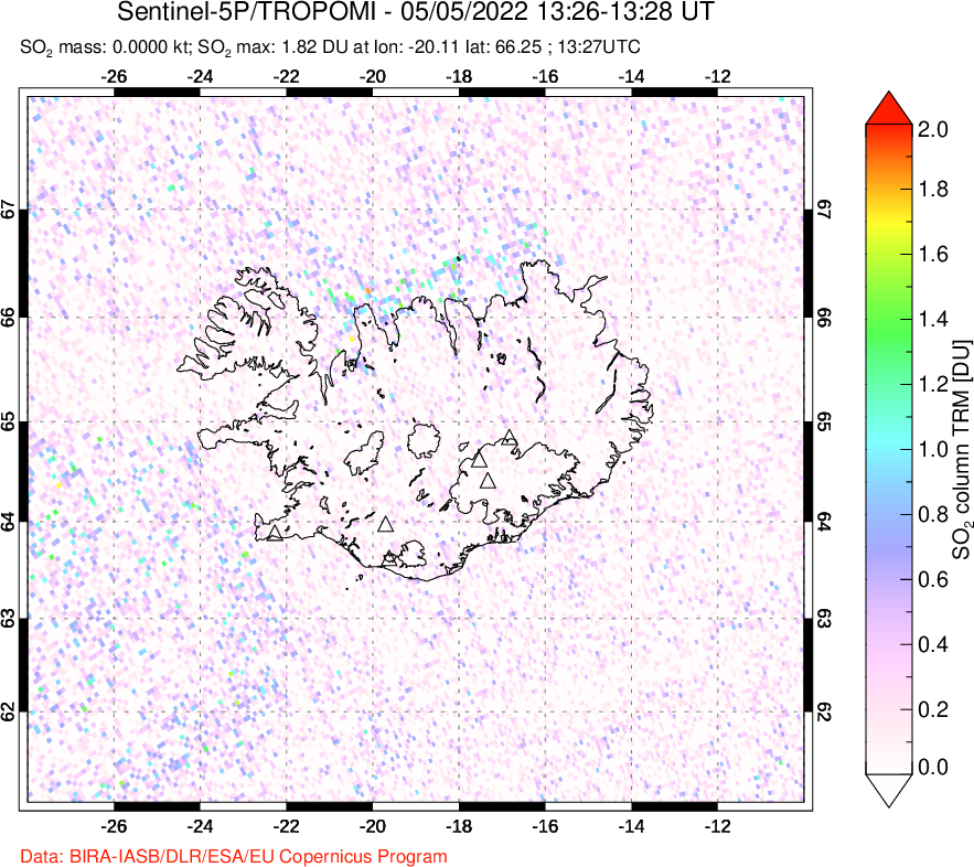 A sulfur dioxide image over Iceland on May 05, 2022.