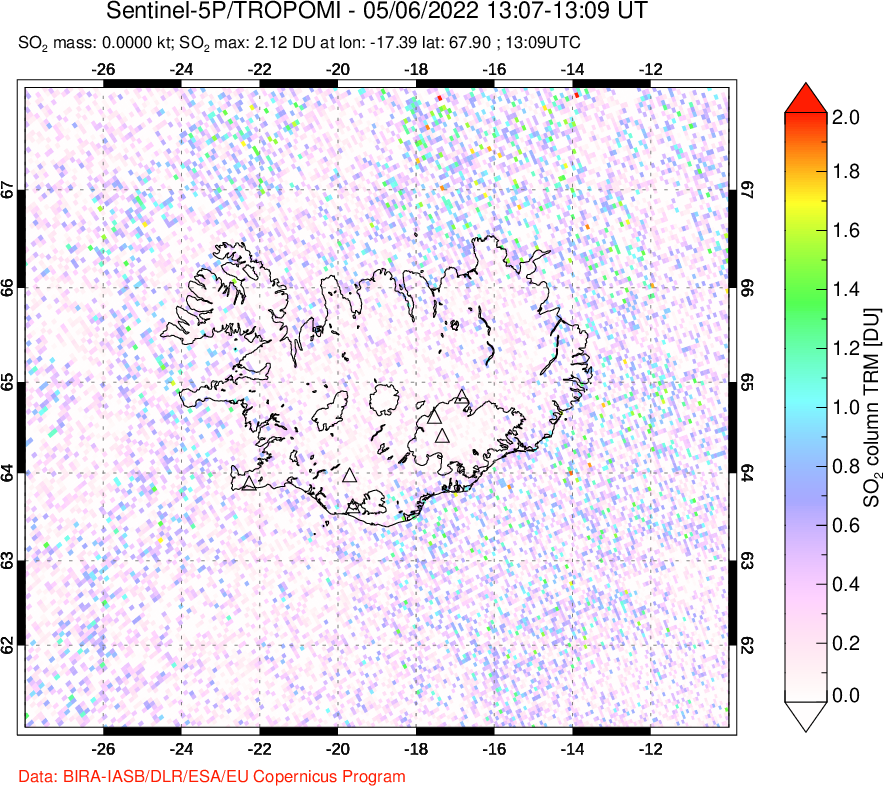 A sulfur dioxide image over Iceland on May 06, 2022.