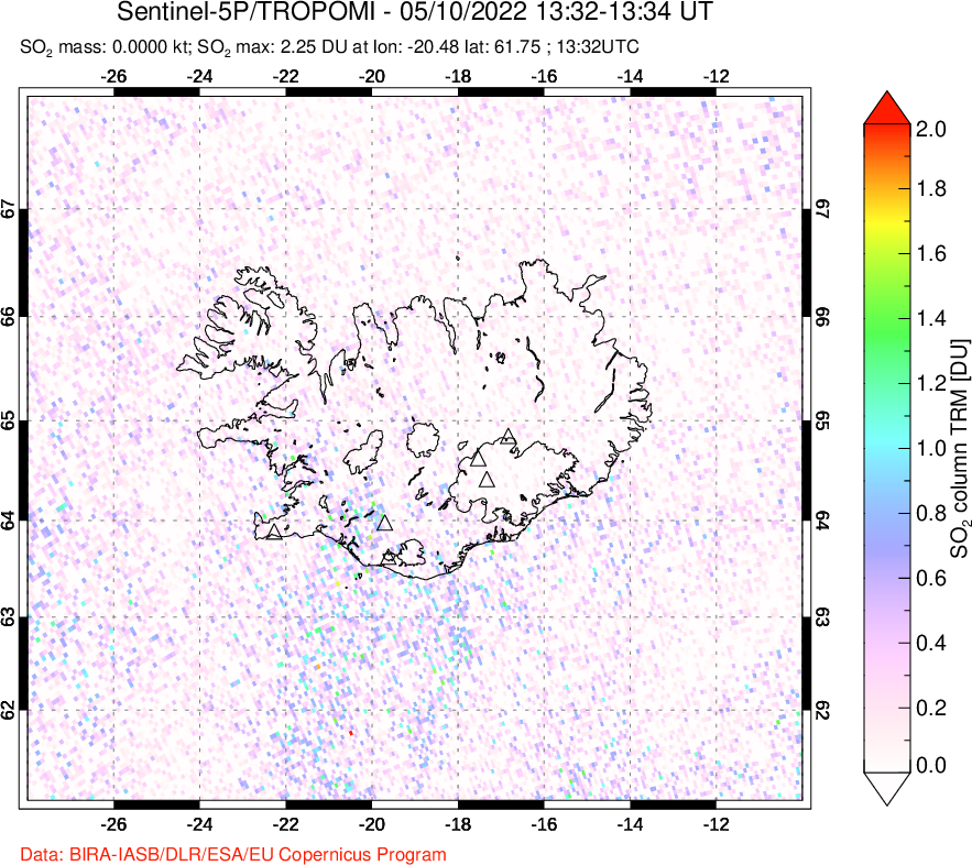 A sulfur dioxide image over Iceland on May 10, 2022.
