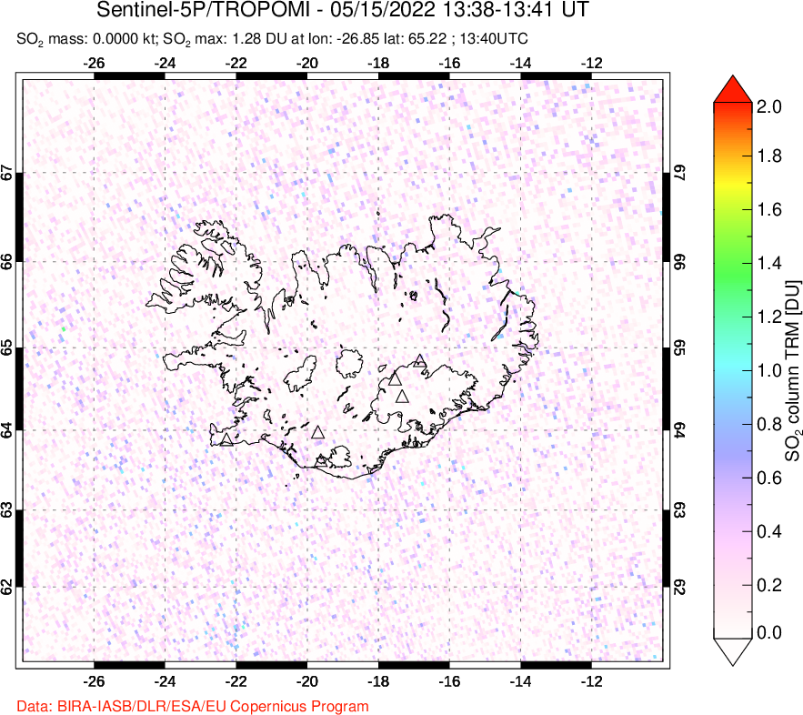 A sulfur dioxide image over Iceland on May 15, 2022.