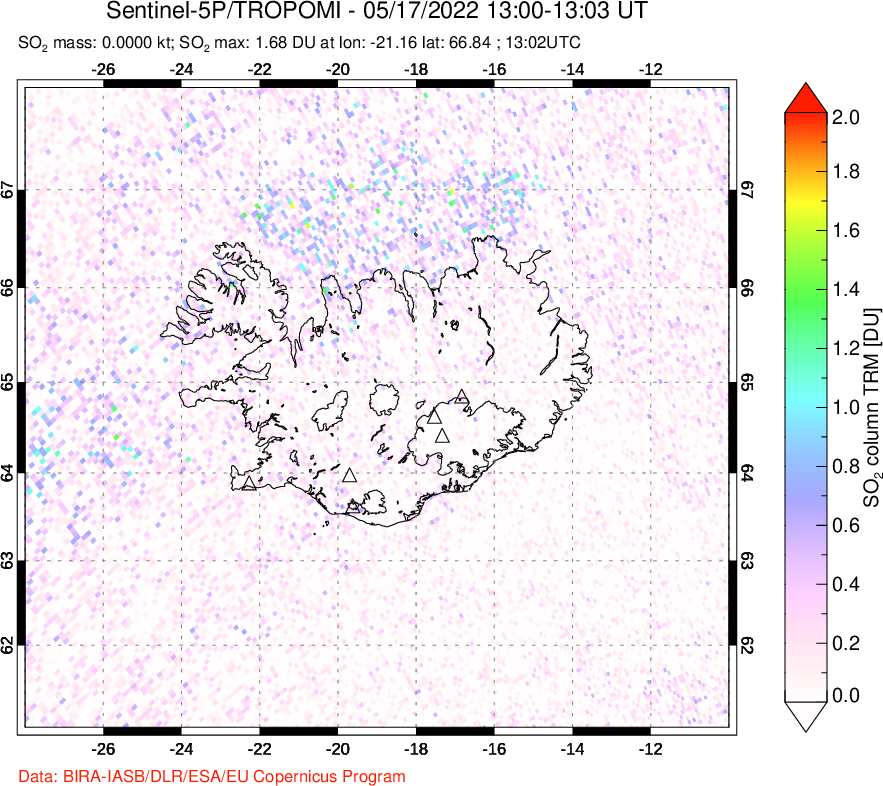 A sulfur dioxide image over Iceland on May 17, 2022.