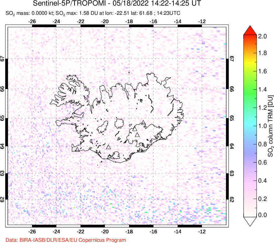 A sulfur dioxide image over Iceland on May 18, 2022.