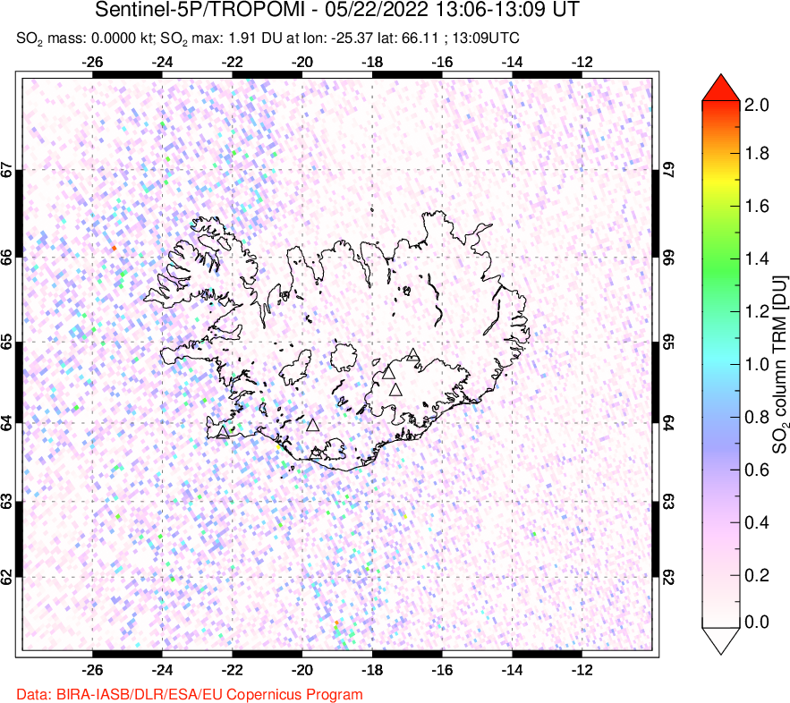 A sulfur dioxide image over Iceland on May 22, 2022.