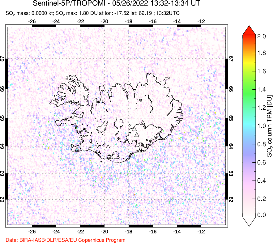 A sulfur dioxide image over Iceland on May 26, 2022.