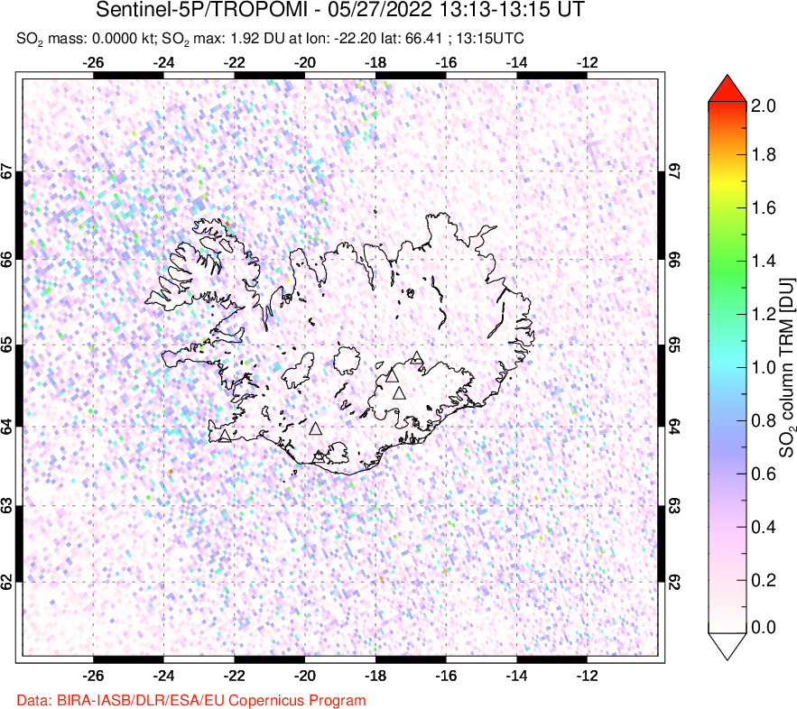 A sulfur dioxide image over Iceland on May 27, 2022.