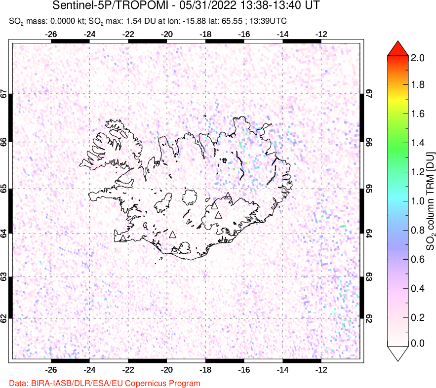 A sulfur dioxide image over Iceland on May 31, 2022.