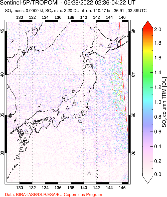 A sulfur dioxide image over Japan on May 28, 2022.