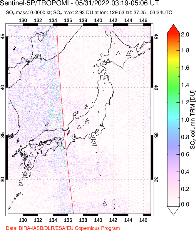 A sulfur dioxide image over Japan on May 31, 2022.