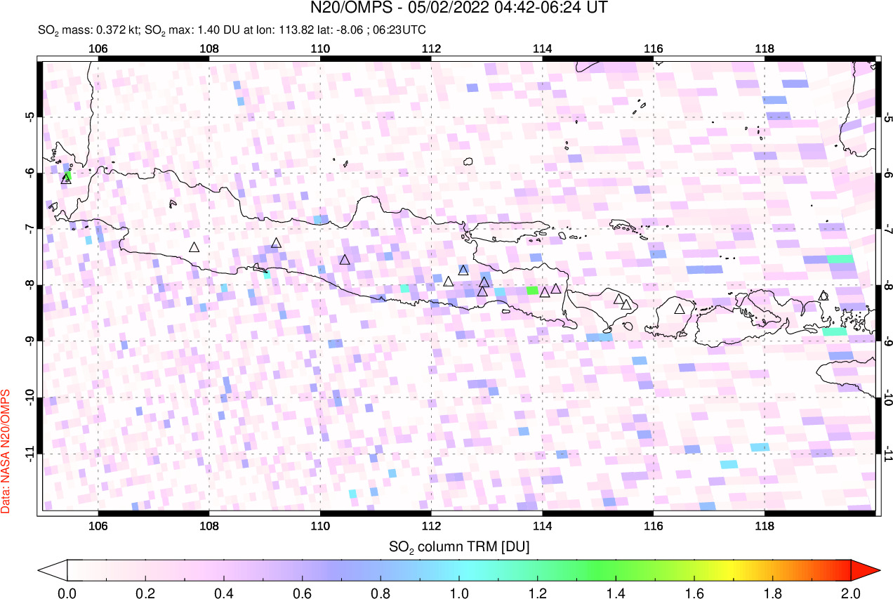 A sulfur dioxide image over Java, Indonesia on May 02, 2022.