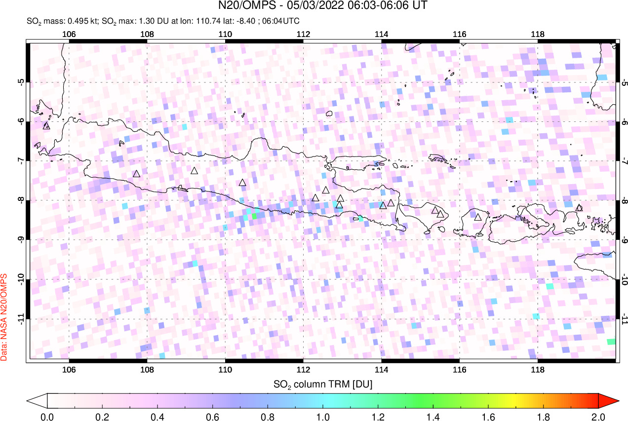 A sulfur dioxide image over Java, Indonesia on May 03, 2022.