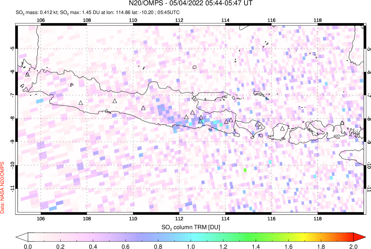A sulfur dioxide image over Java, Indonesia on May 04, 2022.