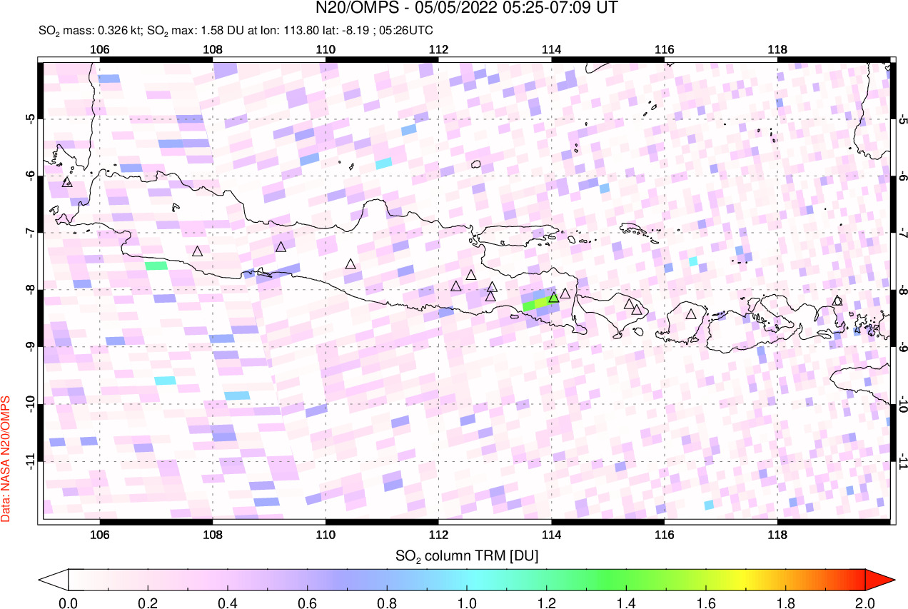 A sulfur dioxide image over Java, Indonesia on May 05, 2022.