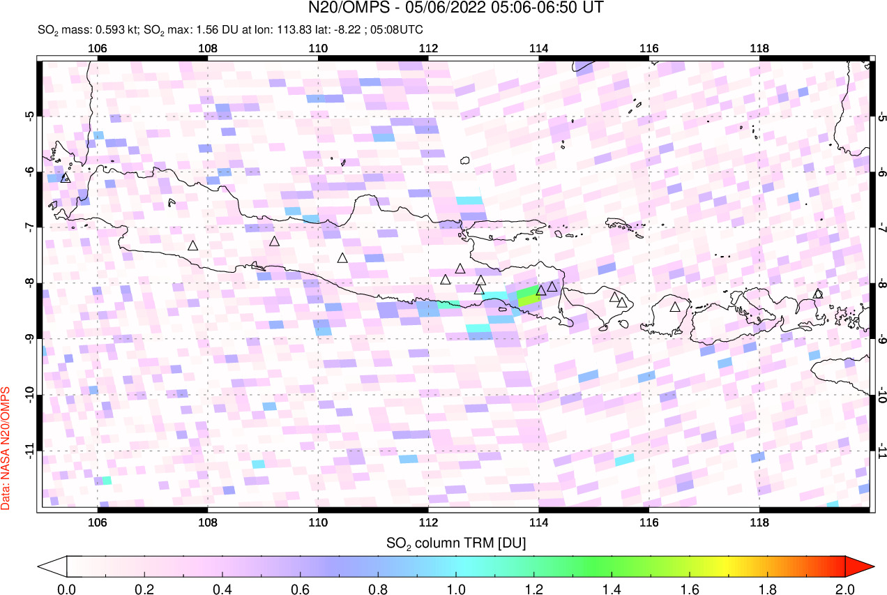 A sulfur dioxide image over Java, Indonesia on May 06, 2022.