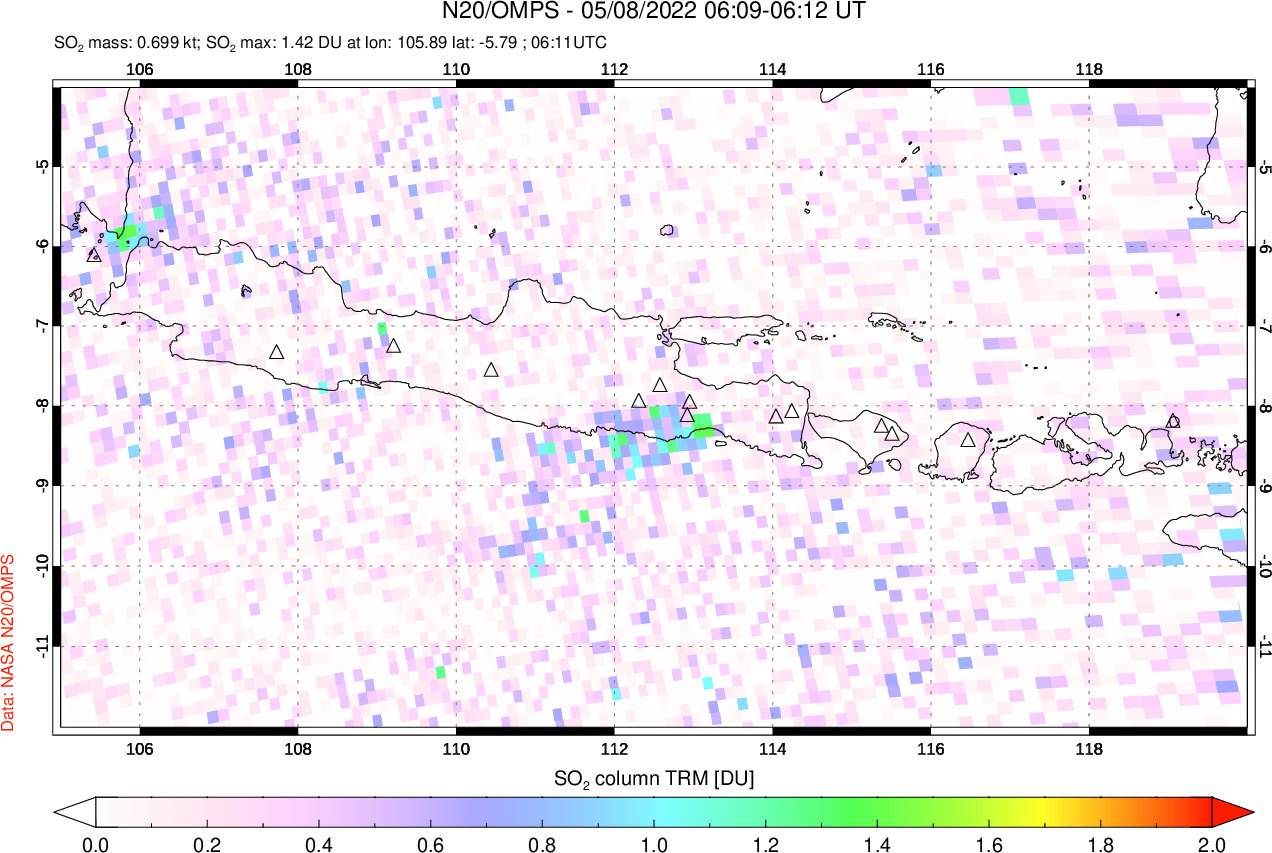 A sulfur dioxide image over Java, Indonesia on May 08, 2022.