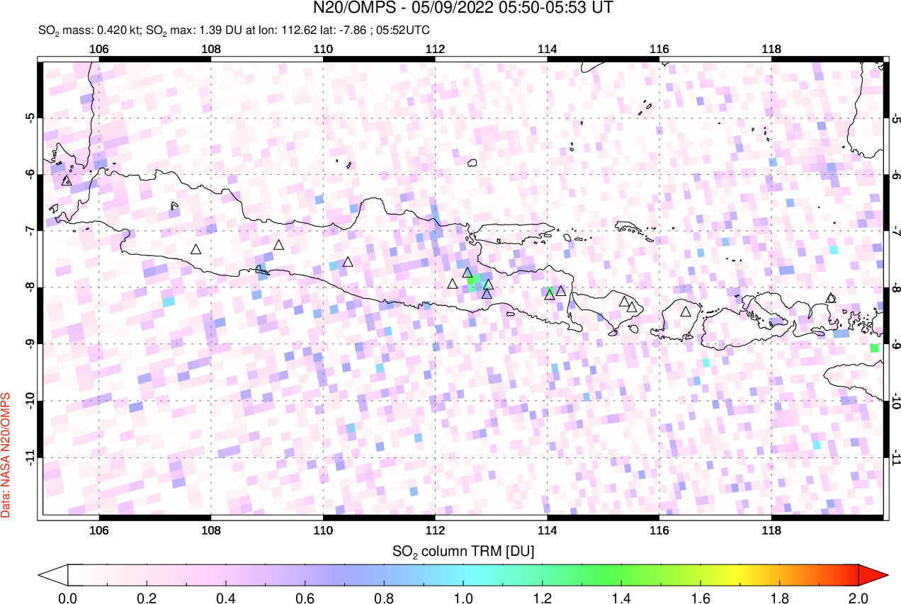 A sulfur dioxide image over Java, Indonesia on May 09, 2022.