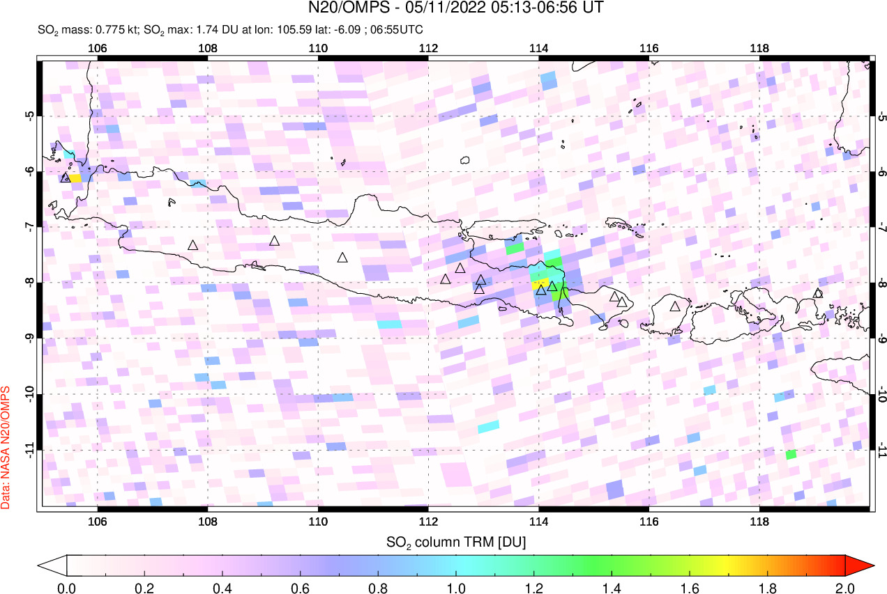 A sulfur dioxide image over Java, Indonesia on May 11, 2022.