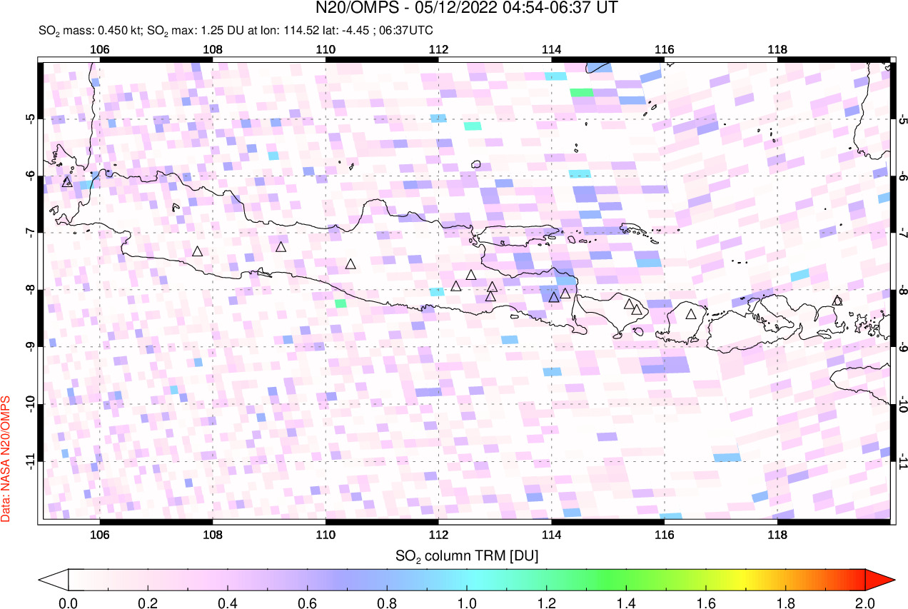 A sulfur dioxide image over Java, Indonesia on May 12, 2022.