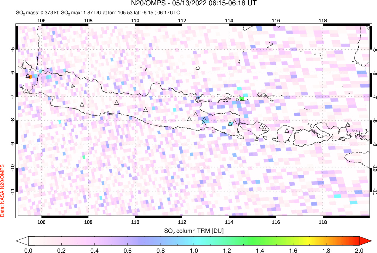 A sulfur dioxide image over Java, Indonesia on May 13, 2022.