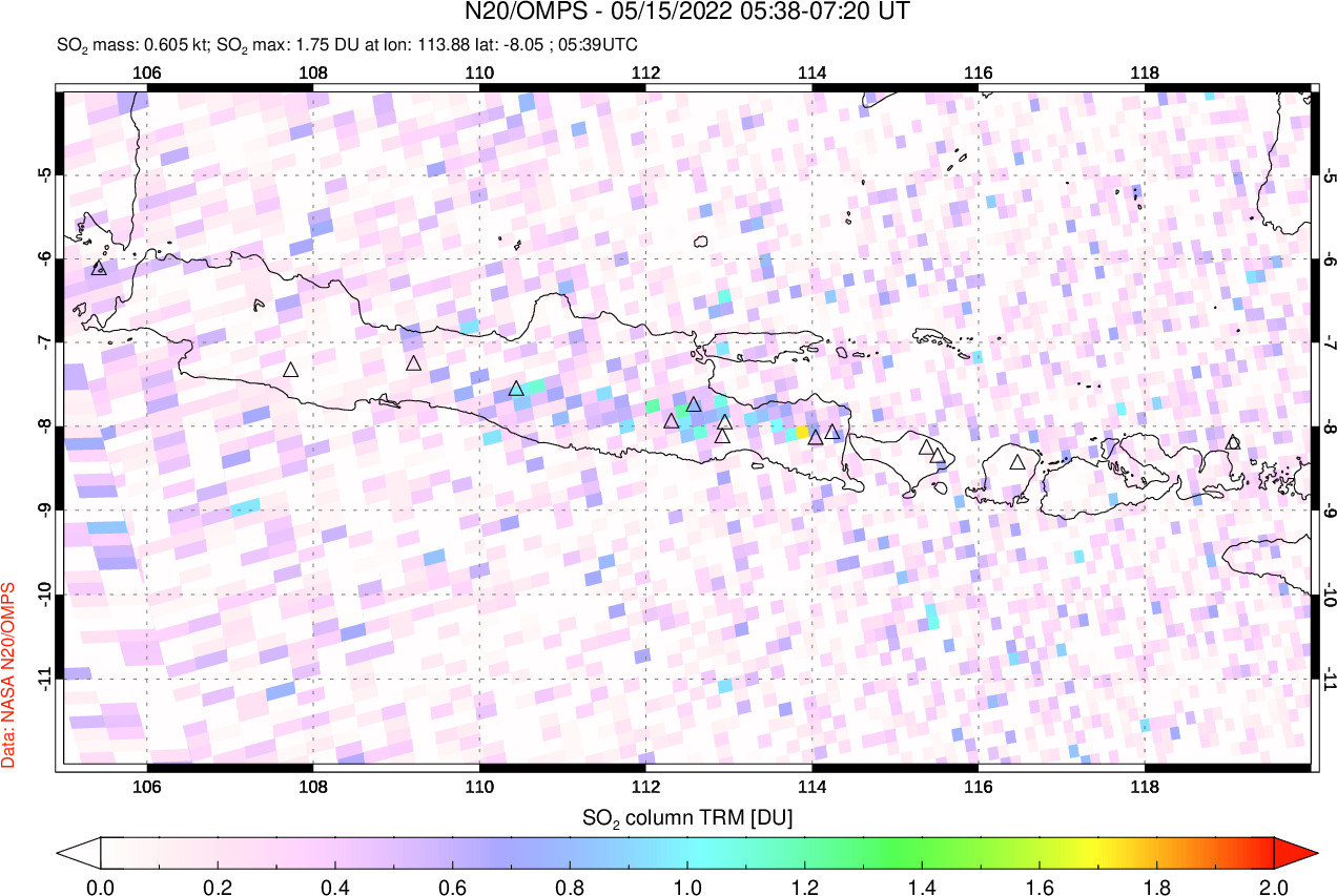 A sulfur dioxide image over Java, Indonesia on May 15, 2022.